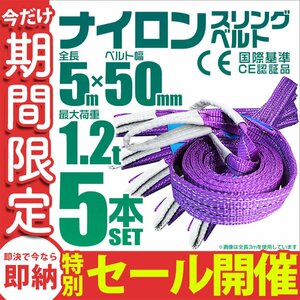 【数量限定セール】スリングベルト 5m 耐荷重1.2t 幅50mm 5本セット 玉掛け 吊りベルト ナイロンスリング 運搬用 吊具 ラッシング クレーン