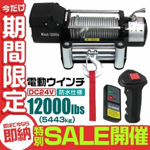 【数量限定セール】電動ウインチ 無線リモコン付属 牽引 12000LBS 5444kg DC24V 電動 ウインチ 引き上げ機 牽引 けん引 防水仕様 クロカン