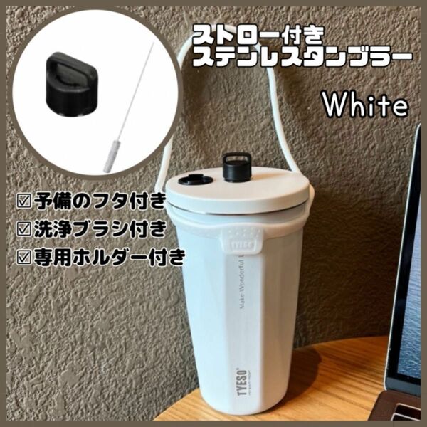 TYESO ストロー付きタンブラー　ステンレス　水筒　マグ　保温　保冷　蓋付き　持ち運び　こぼれない　専用ホルダー付　おしゃれ