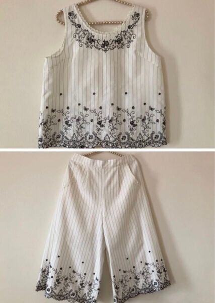 美品axes femme axes femme ストライプ 刺繍入りセットアップ ワイドパンツ タンクトップ セットアップ