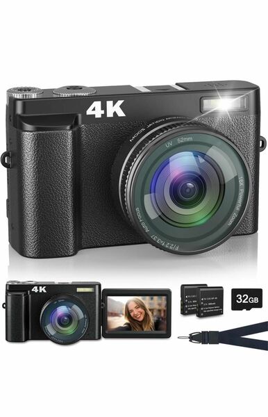 デジタルカメラ 4K デジカメ 4800万画素 オートフォーカス 1080P動画撮影 16倍デジタルズーム 32gカード付