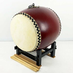 現状品 和太鼓 太鼓 長胴太鼓 鼓面40cm×高さ47cm バチ3本/スタンド付き タイコ 打楽器 祭り [U12840]