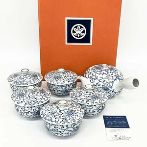 未使用品 たち吉 京唐草 茶器 蓋付き茶器5客 急須 セット 唐草紋 和食器 026-0117 [U13086]