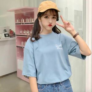 韓国ファッション 水色 tシャツ 半袖