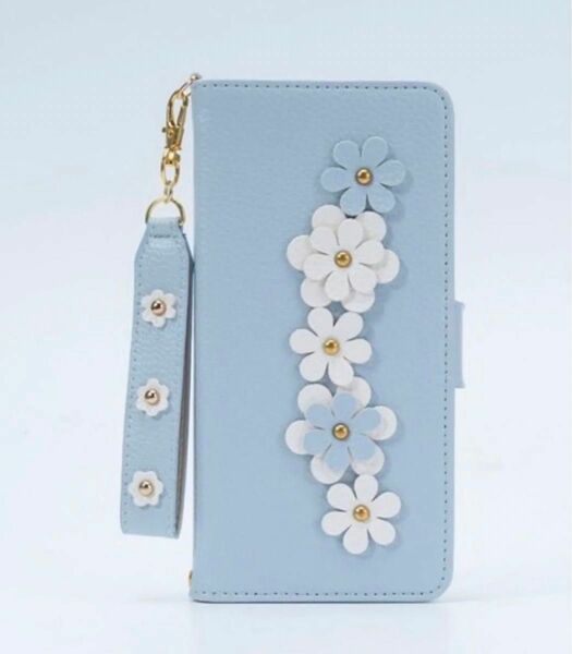 iPhone14 手帳型ケース ディジー カード収納 可愛い　桜　バステルフラワー　オシャレ　水色