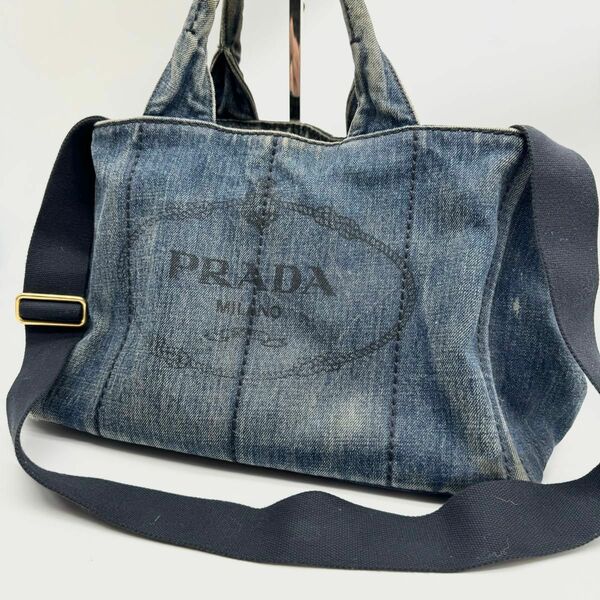 【正規品】PRADA プラダ カナパ デニム トートバッグ ショルダー 2way 白タグ M