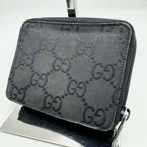 【希少】GUCCI グッチ ラウンドジップ 折り財布 GG ナイロン レザー ブラック 黒