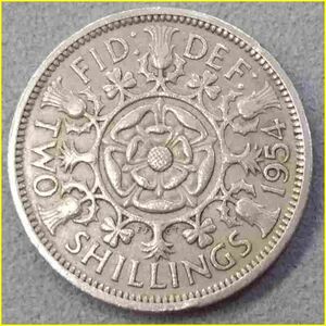 【イギリス 2シリング 硬貨/1954年】 英国 TWO SHILLINGS 白銅貨/エリザベス2世/旧硬貨/コイン/ 古銭