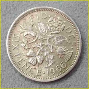 【イギリス 6ペンス 硬貨/1966年】 英国 ラッキー6ペンス/エリザベス2世/旧硬貨/コイン/古銭