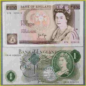 【イギリス 紙幣 /11ポンド分】 英 TEN POUNDS+ONE POUND/￡10+￡1/エリザベス2世/旧紙幣/札/古紙幣/古銭