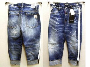 ●即決[42]未使用品 DSQUARED2 14AW BIG DEAN'S BROTHER JEAN ペイント側章 サイドライン クロップドパンツ デニム S71LA0809■1743