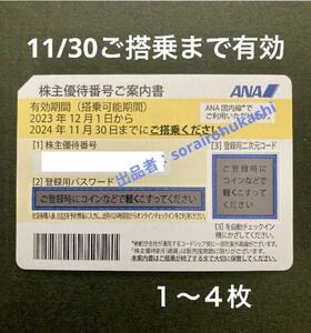 迅速コード通知★1〜4枚★ANA 全日空 株主優待 株主優待番号 2024.11.30ご搭乗まで有効 番号通知のみ