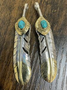 [* ultra rare *!*2 pieces set *]. gold on gold * gold . feather * green group marble turquoise * left right Old * Goro's * feather *goro's*