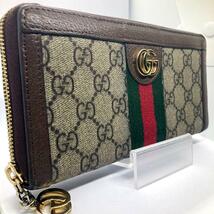 美品/近年モデル●GUCCI グッチ メンズ レディース 長財布 ラウンドファスナー ゴールド金具 オフィディア GGスプリーム シェリーライン_画像1