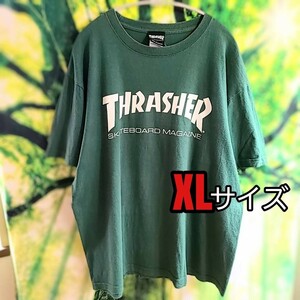 スラッシャー THRASHER グリーン Tシャツ 濃緑 ダボT ダボシャツ XLサイズ 古着 ビンテージ だぼだぼ 透けない 半袖