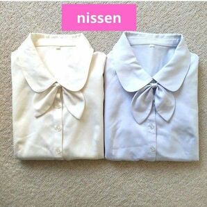 【nissen】ニッセン 事務服 制服 ブラウス リボン付き Sサイズ 長袖 白 サックスブルー