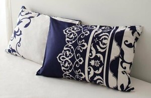 草花エスニック柄 枕カバー(ピローケース) の単品１枚 43x63cm 色-ナイトブルー/綿100％ 洗える 日本製