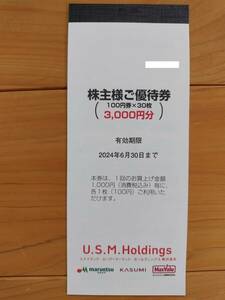 送料無料　ＵＳＭ　株主優待券　3,000円分　2024/6/30期限　匿名配送　迅速対応