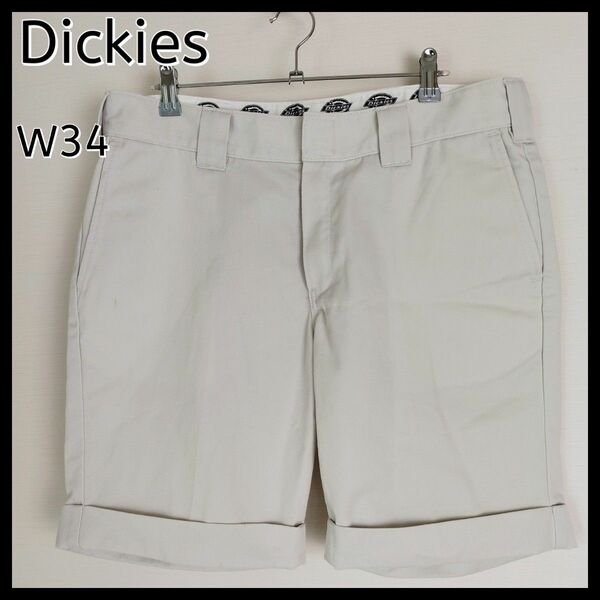 【ビッグサイズ】Dickies ディッキーズ☆ショートチノパン　W34　ベージュ　メンズ　ワッペンロゴ　白系　短パン ハーフパンツ