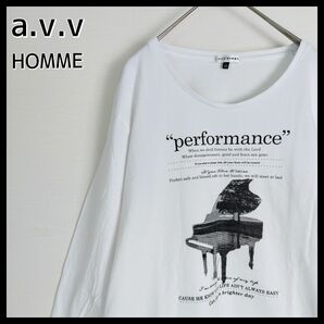 a.v.v アーヴェヴェ☆グランドピアノ＆英字デザインTシャツ／ロンT　48　M　WHITE ホワイト 白　ロングスリーブ