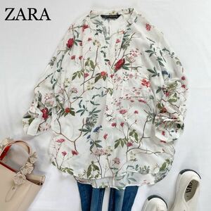 ZARA 大人素敵スタイル　華やか　ボタニカル　花柄　7部袖　スキッパーとろみプルオーバーシャツ ブラウス　サイズS ザラ♪