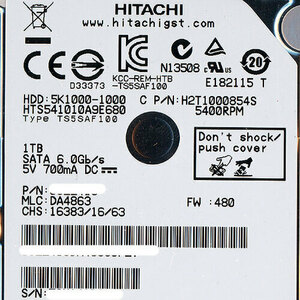 【中古】HITACHI ノート用HDD 2.5inch HTS541010A9E680 1TB 6000～7000時間以内 [管理:1050021958]