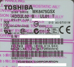【中古】TOSHIBA(東芝) ノート用HDD 2.5inch MK6475GSX 640GB 3000～4000時間以内 [管理:1050010313]