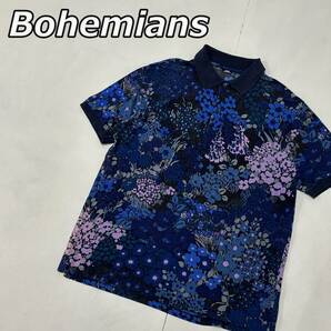 【Bohemians】ボヘミアンズ 花柄 フラワー ボタニカル 総柄 鹿の子 ポロシャツ 紺色 ネイビー