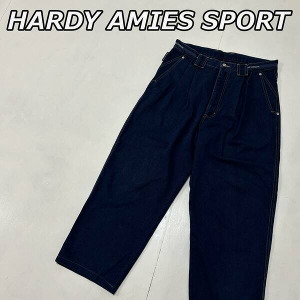 【HARDY AMIES SPORT】ハーディエイミススポーツ 2タック ワイド テーパード デニムパンツ ストリート ロゴ 刺繍 紺色 ネイビー インディゴ