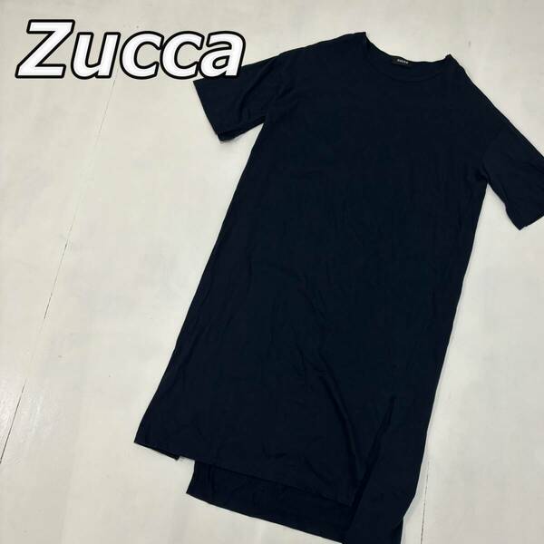 【Zucca】ズッカ Tシャツワンピース ロング マキシ丈 半袖 クルーネック 袖裾スリット 紺色 ネイビー ZU73JH329
