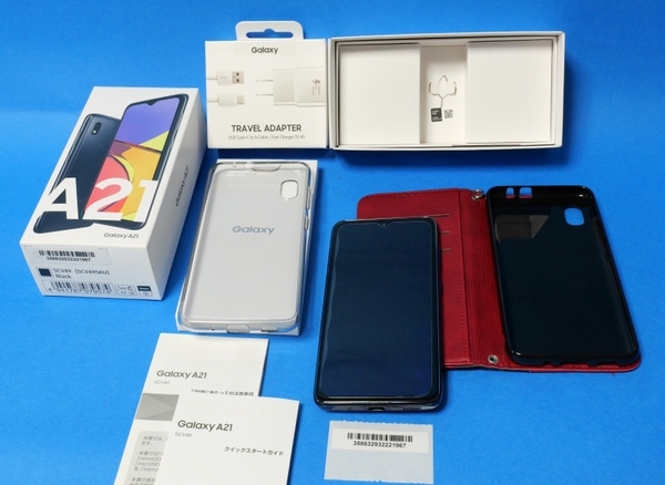 ◆◇美品 Samsung Galaxy A21 黒 (JCOM SCV49) SIMロック解除 TPU手帳ケース付 【未使用：急速充電器、クリアケース】◇◆