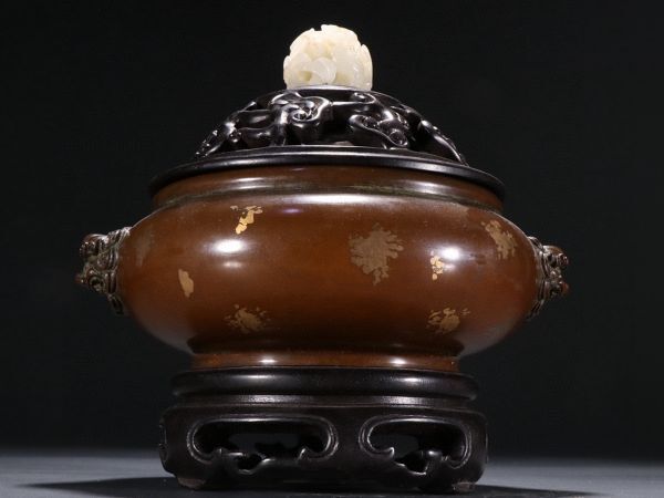 清代 玉堂清玩 古銅彫 點金獣面耳熏炉【仁】古銅器 置物擺件 古 清代 玉堂清玩 古銅彫 點金獣面耳熏炉【仁】古銅器 置物擺件 古