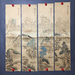 ◆古寳堂◆真作・中国書画『近現代画家金城・山水画・四條屏中堂画・宣紙』肉筆紙本・掛け軸・書画立軸・中国美術・コレクター必見