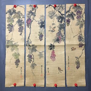 ◆古寳堂◆真作・中国書画『近現代画家江寒汀・花鳥画・四條屏中堂画・宣紙』肉筆紙本・掛け軸・書画立軸・中国美術・コレクター必見