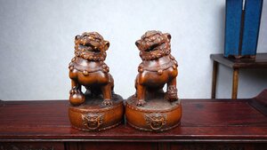 ◆古寳堂◆清 黄楊木製 細密彫 坐鼓對獅 置物 賞物 極細工 古置物 古擺件 中国古美術 時代物 古董品