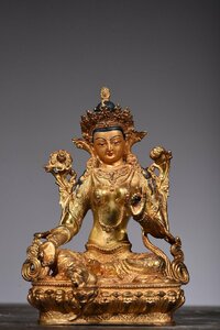 ◆古寳堂◆清 銅製 塗金 綠度母像 仏教古美術 供養品 極細工 古置物 古擺件 中国古美術 時代物 古董品