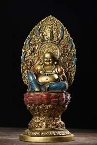◆古寳堂◆明 宣德年製款 銅製 金鍍 彩繪 彌勒仏 仏教古美術 供養品 極細工 古置物 古擺件 中国古美術 時代物 古董品
