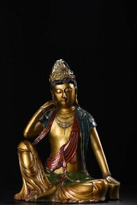 ◆古寳堂◆清 銅製 金鍍 彩繪 自在觀音像 仏教古美術 供養品 極細工 古置物 古擺件 中国古美術 時代物 古董品