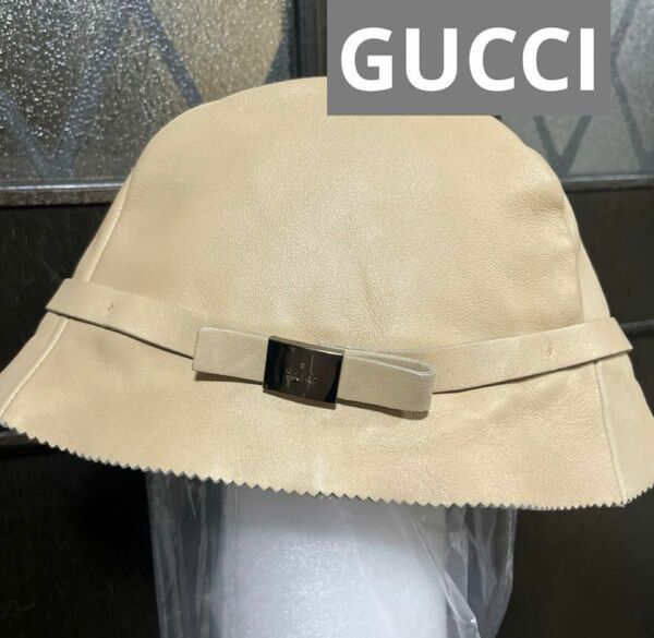 レザーハット バケットハット　ロゴプレート GUCCI ハット　帽子　本革　サイズＬ　本物　美品　コメント無し即購入歓迎