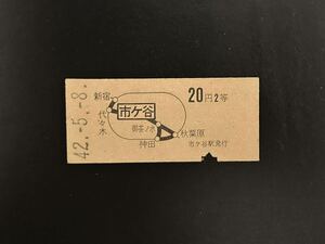 硬券　国鉄　地図式　市ケ谷から20円2等　昭和42年　切符