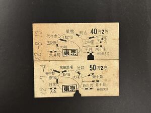 硬券　国鉄　地図式　東京から40円50円円2等　昭和42年　2枚　切符