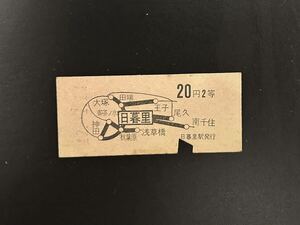 硬券　国鉄　地図式　日暮里から20円2等　昭和42年　切符