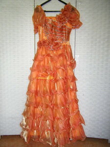３ま１０◆美品 社交ダンス 衣装 オレンジ系 ロングドレス ichioku スパンコール キラキラ ゴージャス