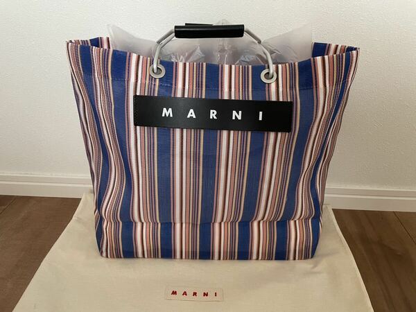 MARNI MARKET STRIPE BAG 美品 フラワーカフェ トートバッグ ストライプ ブルー系 マルチカラー 大きめ 
