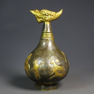  ▽鴻▽唐・古銅塗金彫・龍頭瓶 時代物 中国古美術 骨董品