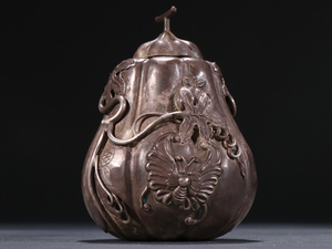  ▽鴻▽清・純銀彫・瓜形瓶置物 時代物 中国古美術 骨董品