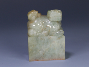  ▽鴻▽清・老翡翠彫・子母瑞獣鈕印章 時代物 中国古美術 骨董品