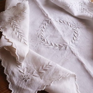 [714] France antique Vintage linen Cross table runner hand embroidery cut Works ka LAP eggshell white 