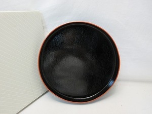 J04340 【 美品 茶道具 木製柿合黒塗 山道盆 紙箱】 検)裏千家十三代 円能斎好み 掻き合塗 盆手前用 茶事 茶会 七事式 茶懐石 ⅱ