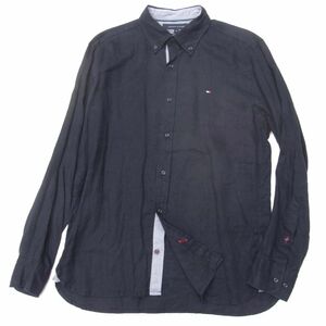 ☆TOMMY HILFIGER トミーヒルフィガー リネンシャツ 長袖シャツ 麻100% メンズ ボタンダウン M ネイビー 1円スタート